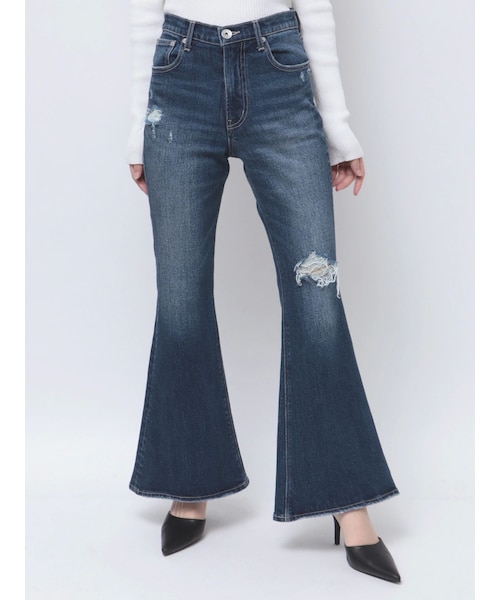 GYDA（ジェイダ）の「ハイウエストダメージフレアデニムパンツ（デニムパンツ・レディース・ブルー/アイスブルー・XS/S/M）」の4枚目の写真