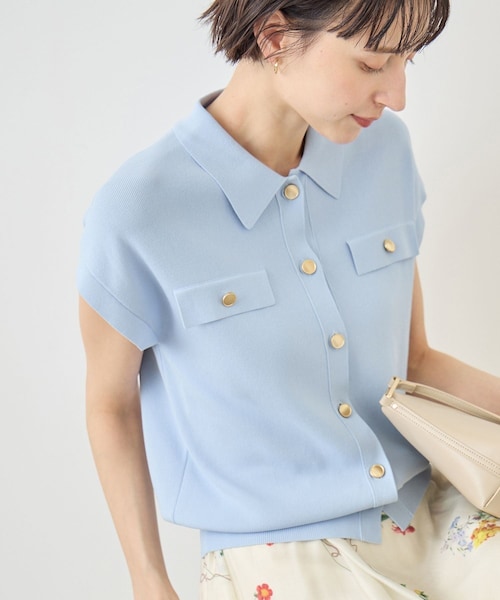 ROPE' PICNIC(ロペピクニック)の「八方映えニット 金ボタンフレンチスリーブポロカラーカーディガン/UVカット・接触冷感・イージーケア(カーディガン/ボレロ・レディース・ブラック/オフホワイト/ブラウン/サックス/ラベンダー・F)」の6枚目の写真