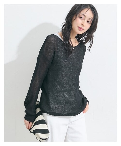 nissen（ニッセン）の「涼しく快適！ウォッシャブル和紙ライクボートネックシアニットプルオーバー＜大きいサイズ有＞（ニット/セーター・レディース・黒/スモーキーブルー/オフホワイト・S/M/L/LL/3L/4L/5L/6L）」の5枚目の写真