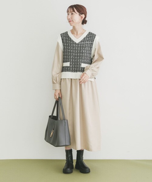ITEMS URBANRESEARCH(アイテムズ アーバンリサーチ)の「ツイードニットドッキングワンピース(ワンピース・レディース・BLK×WHT/BLK・FREE)」の2枚目の写真