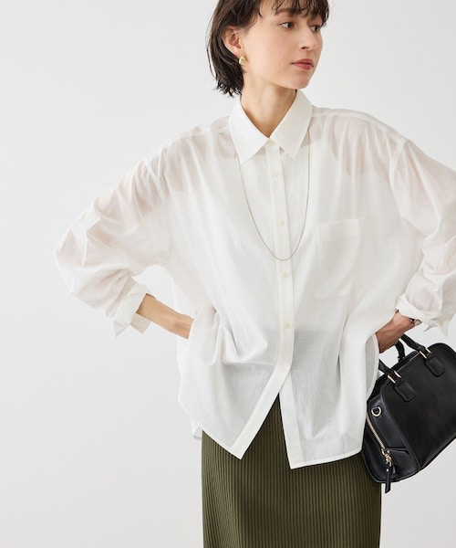 ROPE' PICNIC(ロペピクニック)の「お着軽シャツシリーズ 無地・ストライプ 2WAYシアーブラウス/接触冷感・通気性(シャツ/ブラウス・レディース・ホワイト/ネイビー/ブルー/ブルー系/ピンク/イエロー/ラベンダー/ダークブラウン/サックス/オレンジ・F)」の1枚目の写真