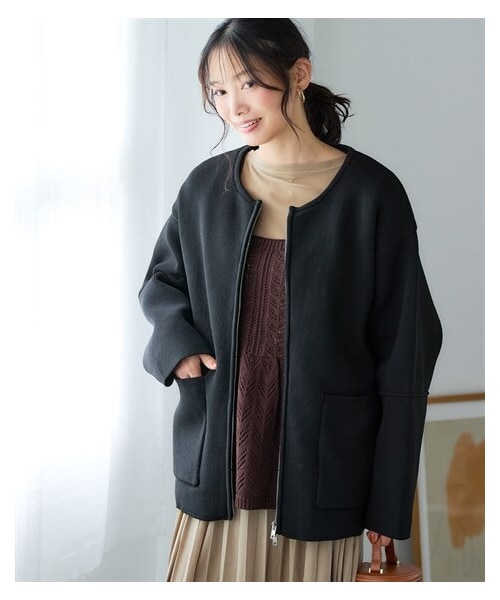 nissen（ニッセン）の「裏ボアボリュームスリーブダブルジップアップニットコート＜大きいサイズ有＞（ジャケット/アウター・レディース・アイボリー/黒・S~M/L~LL/3L~4L）」の3枚目の写真