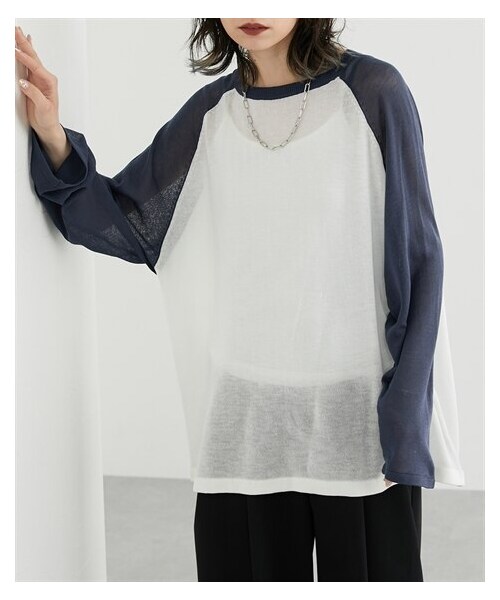 nissen（ニッセン）の「配色ラグランゆったりサイズシアーニット［Soiunique］（ニット/セーター・レディース・ブルー×アイボリー/ブラウン×アイボリー/ブラック×ブルーグレー・S~M/L~LL）」の5枚目の写真