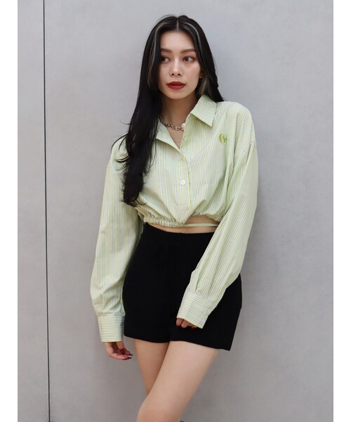 EVRIS（エヴリス）の「リボンデザインショートストライプシャツ（シャツ/ブラウス・レディース・イエロー/グリーン/ホワイト/ピンク・F）」の6枚目の写真
