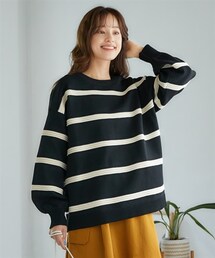 nissen | 大きいサイズかるfuwaビッグシルエット立体ボーダーニット（型崩れしにくい）(ニット/セーター)