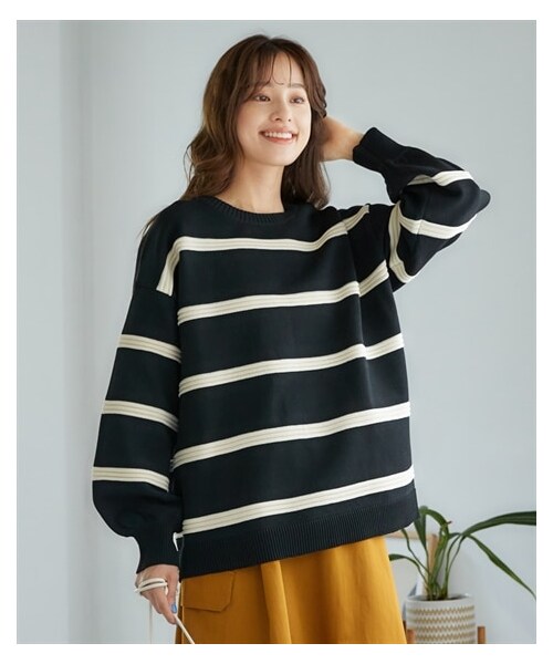 nissen（ニッセン）の「大きいサイズかるfuwaビッグシルエット立体ボーダーニット（型崩れしにくい）（ニット/セーター・レディース・黒系/スモーキーブルー系/スモーキーグリーン系/オフホワイト系・L~LL相当/3L~4L相当/5L~6L相当/8L相当/10L相当）」の20枚目の写真