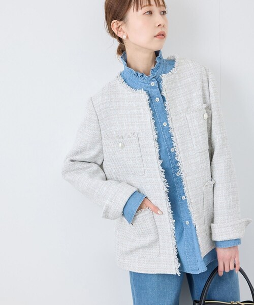 ROPE' PICNIC（ロペピクニック）の「セレモニー・通勤対応/ツイードジャケット/リンクコーデ（ノーカラージャケット・レディース・ブラック系/ライトグレー/オフホワイト/ネイビー・36/38）」の21枚目の写真