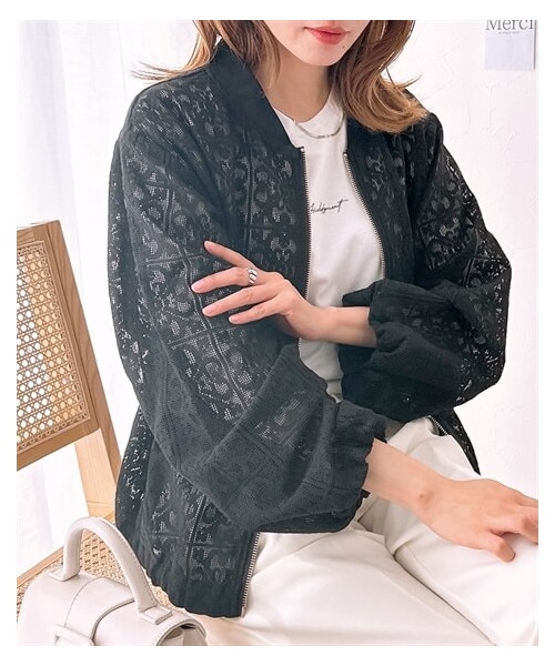 nissen（ニッセン）の「総レースノーカラーブルゾン（ノーカラージャケット・レディース・アイボリー/黒・M/L/LL）」の6枚目の写真
