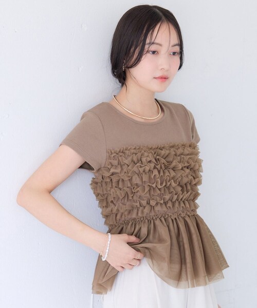 VIS（ビス）の「【夏トク価格】チュールフリルドッキングフレンチスリーブ/UVケア（Tシャツ/カットソー・レディース・チャコール/オフホワイト/ブラウン系・F）」の17枚目の写真