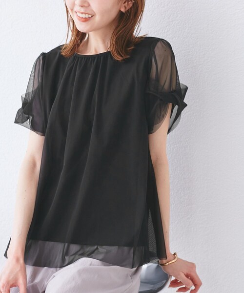 ROPE' PICNIC(ロペピクニック)の「Cutee チュールドッキングツイストスリーブトップス/リンクコーデ(Tシャツ/カットソー・レディース・ブラック/ホワイト/ライトグリーン/ブルー系・38)」の10枚目の写真