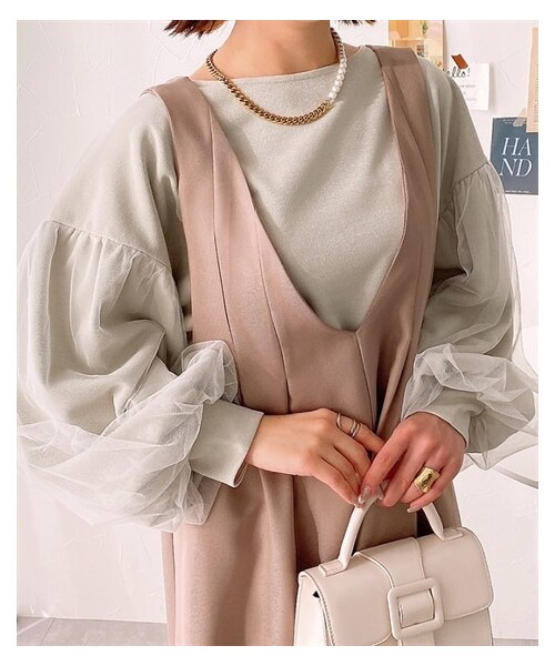 nissen（ニッセン）の「袖チュールラメカットジャガードプルオーバー（Tシャツ/カットソー・レディース・ブラック/グレージュ・M/L）」の2枚目の写真