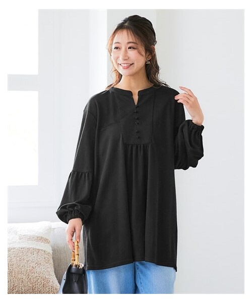 nissen（ニッセン）の「＜大きいサイズ＞美ラクRUタッチふんわり袖ギャザーチュニック（汗染み防止・UVカット）（チュニック・レディース・黒/ダークグリーン/マホガニーレッド/ネイビー・L/LL/3L/4L/5L/6L/8L/10L）」の7枚目の写真