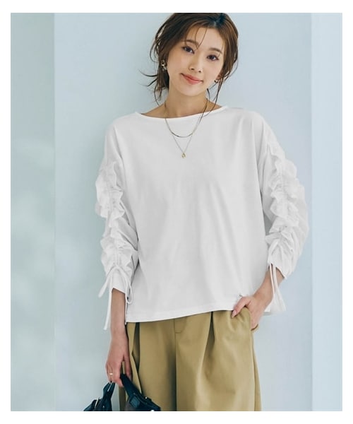 nissen（ニッセン）の「フリルギャザースリーブトップス（Tシャツ/カットソー・レディース・黒/オフホワイト・S/M/L/LL）」の5枚目の写真