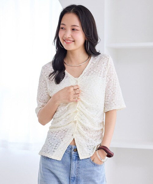 VIS(ビス)の「レース半袖フロントギャザートップス(Tシャツ/カットソー・レディース・ブラック/キナリ・F)」の8枚目の写真