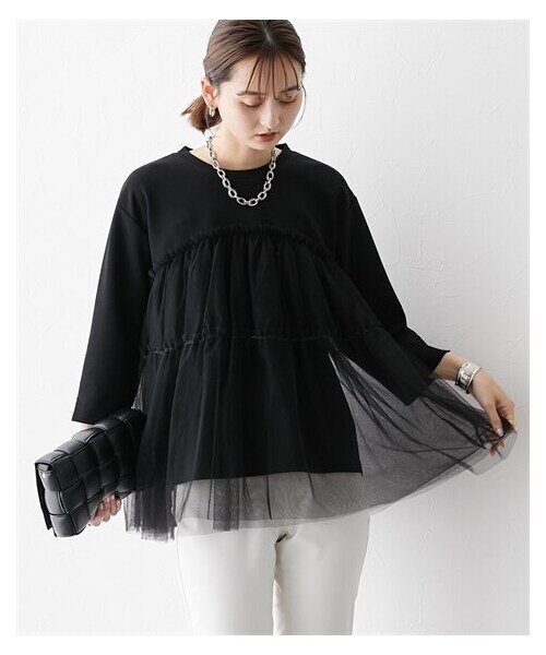 nissen（ニッセン）の「ボリュームチュール切替カットソートップス（Tシャツ/カットソー・レディース・グリーン/黒/オフホワイト・S/M/L/LL）」の8枚目の写真