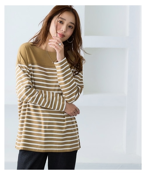 nissen（ニッセン）の「綿１００％スムースパネル風ボーダーカットソートップス＜大きいサイズ有＞（Tシャツ/カットソー・レディース・オフホワイト×ペールブルー/オフホワイト×ベージュ/ライトグレー×オフホワイト/オフホワイト×ネイビー/ネイビー×モカ/オフホワイト×ミルキーピンク/オフホワイト×ミルキーグリーン/マスタード×オフホワイト・S/M/L/LL/3L/4L/5L/6L/8L/10L）」の7枚目の写真