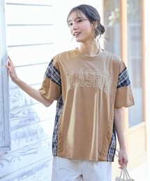 nissen | <大きいサイズ>チェック柄切替フロントロゴ刺しゅうカットソートップス(Tシャツ/カットソー)