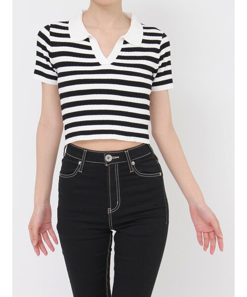 GYDA（ジェイダ）の「BACK OPENハーフスリーブPOLOニットトップス（ニット/セーター・レディース・オフホワイト/ブラック/ミックス・F）」の7枚目の写真