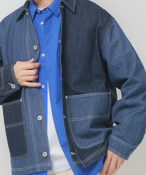 ITEMS URBANRESEARCH（アイテムズ アーバンリサーチ）の「ヒッコリー×デニム切替ワークジャケット（デニムジャケット・メンズ・BLK/NVY・M/L）」の12枚目の写真