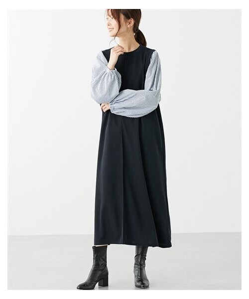 nissen（ニッセン）の「異素材使いボリューム袖カットソーロング丈ワンピース＜大きいサイズ有＞（ワンピース・レディース・チャコール×グレンチェック/黒×ギンガムチェック/ネイビー×ストライプ/黒×黒系花柄/黒×ドット/チャコールグレー×チェック/[ドロップ]ベージュ系×ベージュチェック・S/M/L/LL/3L/4L/5L/6L）」の10枚目の写真