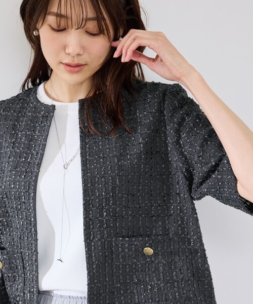 ROPE' PICNIC(ロペピクニック)の「【サマー・ツイード】ハーフスリーブジャケット(カーディガン/ボレロ・レディース・チャコール/ライトグレー/ホワイト/ネイビー・38)」の2枚目の写真