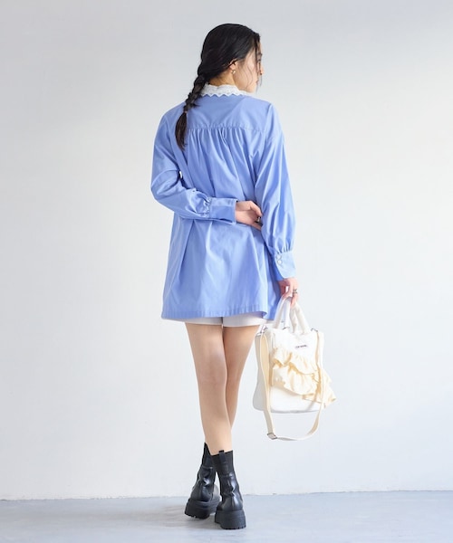 VIS（ビス）の「襟レース付きミニ丈シャツワンピ（シャツワンピース・レディース・ホワイト/サックス・F）」の10枚目の写真