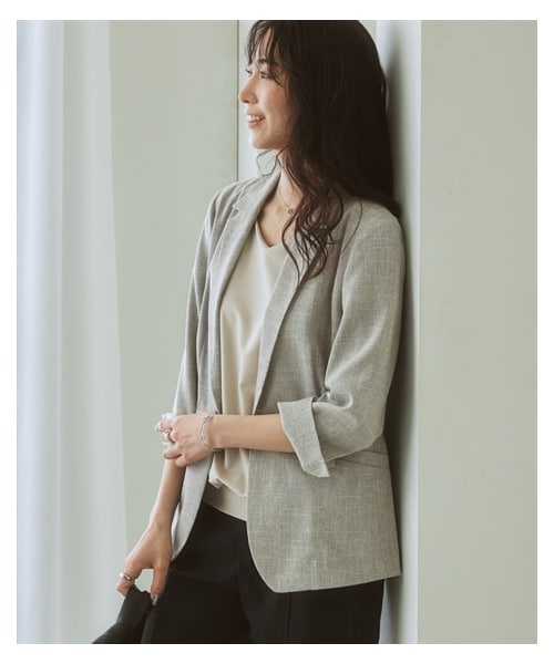 nissen（ニッセン）の「洗える麻調合繊７分袖ストレッチテーラードジャケット（接触冷感・しわになりにくい・ストレッチ・UVカット）<大きいサイズ有>（ジャケット/アウター・レディース・ライトグレー系/ベージュ系/ネイビー系/ネイビーブルー系・S/M/L/LL/3L/4L/5L/6L）」の7枚目の写真