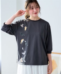 nissen | ＜大きいサイズ＞【ハラミチヨ】猫プリント７分袖Tシャツ(Tシャツ/カットソー)