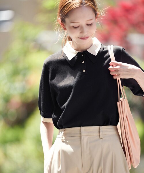 ROPE' PICNIC(ロペピクニック)の「【新色追加】バイカラーレイヤード風ニットポロシャツ(ポロシャツ・レディース・ブラック系/ホワイト系/ブラウン系/ダークグリーン/サックス・38)」の2枚目の写真