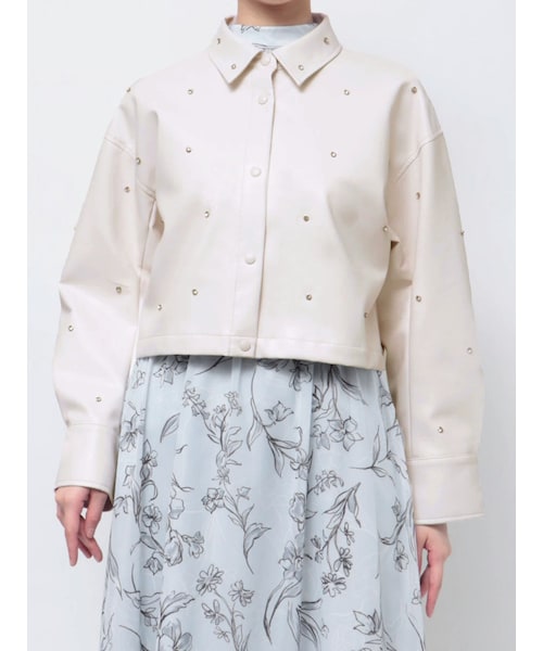 MERCURYDUO（マーキュリーデュオ）の「フェイクレザービジュークロップドジャケット（ライダースジャケット・レディース・オフホワイト/ブラック・S/M）」の6枚目の写真