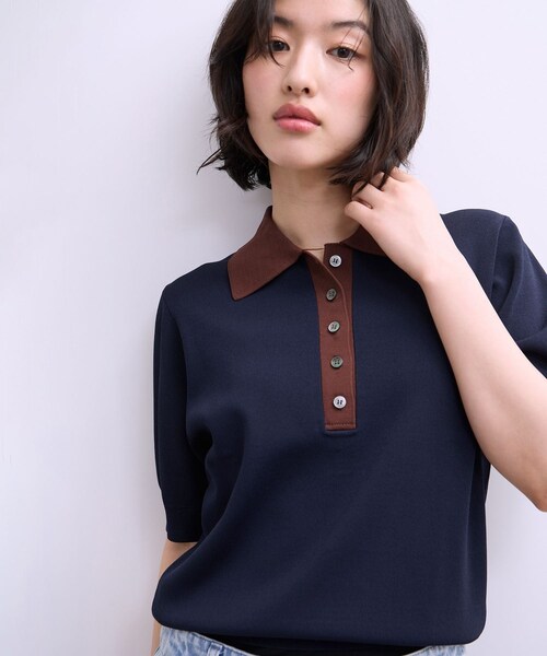 ADAM ET ROPE'(アダムエロペ)の「【WEB限定】ハーフスリーブバイカラーポロニット(ポロシャツ・レディース・ブラック/ネイビー/サックス・F)」の5枚目の写真