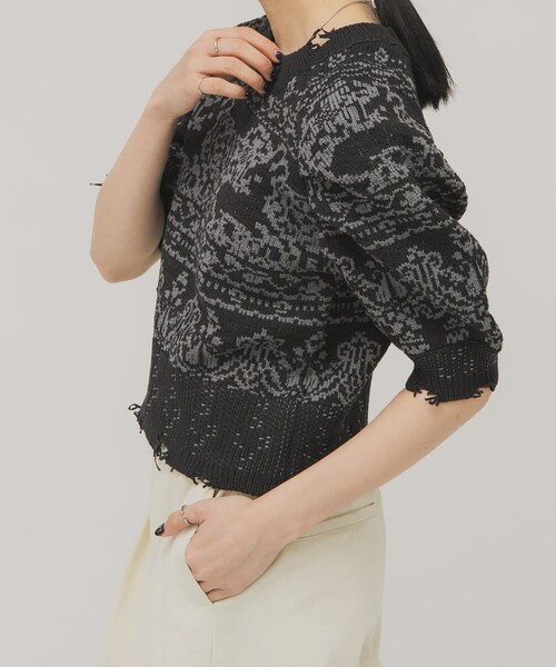 KBF（ケイビーエフ）の「ジャガードハーフスリーブニット（ニット/セーター・レディース・BEIGE/NAVY・One）」の16枚目の写真
