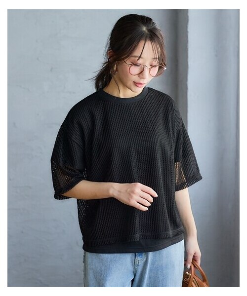 nissen（ニッセン）の「＜大きいサイズ＞２点セット（透かし編ニットソー＋5分袖Ｔシャツ）（Tシャツ/カットソー・レディース・モカベージュ/黒/オフホワイト・L/LL/3L/4L/5L/6L/8L/10L）」の12枚目の写真