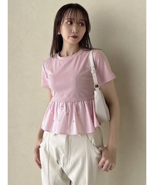 dazzlin（ダズリン）の「バックリボンビジューペプラムTシャツ（Tシャツ/カットソー・レディース・オフホワイト/ブラック/ピンク・F）」の5枚目の写真