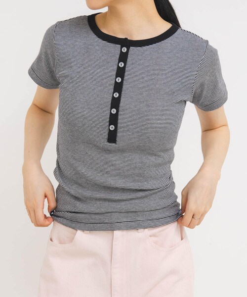 KBF（ケイビーエフ）の「Miller　Panel ribbed Henley tee（Tシャツ/カットソー・レディース・WHITE/BLK-W3/CGRY・Free）」の7枚目の写真