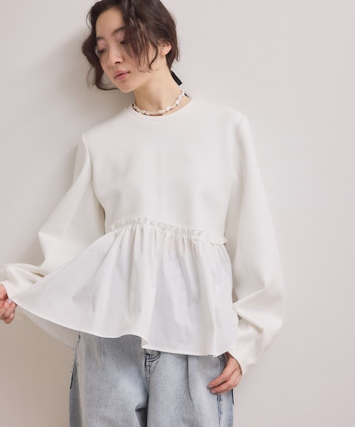 ADAM ET ROPE'(アダムエロペ)の「【WEB限定】ペプラムコンビプルオーバー(Tシャツ/カットソー・レディース・ブラック/ホワイト/キャメル・F)」の1枚目の写真
