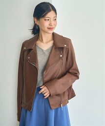 nissen | 大きいサイズ ラクしてキレイ見え　リブ使いフェイクレザーライダースジャケット(ライダースジャケット)