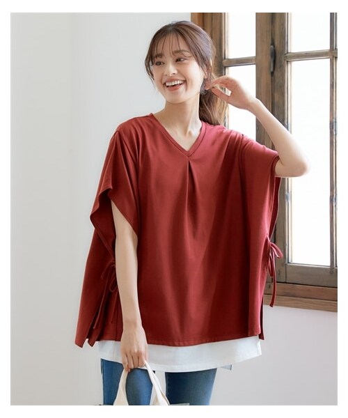 nissen（ニッセン）の「大きいサイズ綿100％汗染みしにくいポンチョ重ね着風チュニック（カットソー）（チュニック・レディース・黒/マホガニーブラウン/キャメル/スモーキーパープル/カーキ・L~LL相当/3L~4L相当/5L~6L相当/8L相当/10L相当）」の9枚目の写真