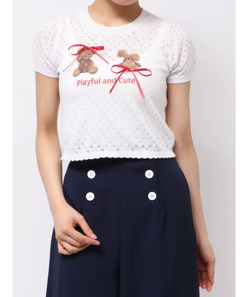 CALNAMUR（カルナムール）の「BEAR PRINT RIBBON KNIT /ベアプリントリボンニット（ニット/セーター・レディース・ホワイト/ピンク/アイスブルー・F）」の2枚目の写真