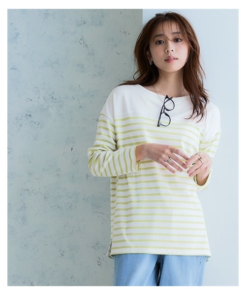 nissen（ニッセン）の「綿１００％スムースパネル風ボーダーカットソートップス＜大きいサイズ有＞（Tシャツ/カットソー・レディース・オフホワイト×ペールブルー/オフホワイト×ベージュ/ライトグレー×オフホワイト/オフホワイト×ネイビー/ネイビー×モカ/オフホワイト×ミルキーピンク/オフホワイト×ミルキーグリーン/マスタード×オフホワイト・S/M/L/LL/3L/4L/5L/6L/8L/10L）」の3枚目の写真