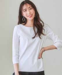 nissen | 綿１００％ダブルフロントカットソーボートネック７分袖トップス(Tシャツ/カットソー)