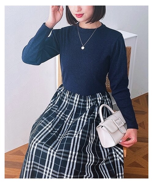 nissen（ニッセン）の「チェック柄ドッキングワンピース（ワンピース・レディース・アイボリー/ネイビー・M/L/LL）」の2枚目の写真