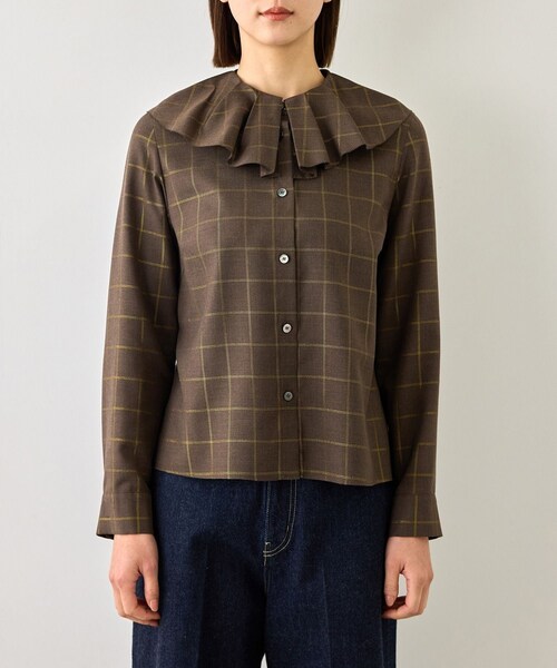 ROPE'(ロペ)の「【J'aDoRe・一部店舗限定サイズ】ラメチェックフリルカラーブラウス/セットアップ対応・イージーケア(シャツ/ブラウス・レディース・ブラウン系・36/38)」の18枚目の写真