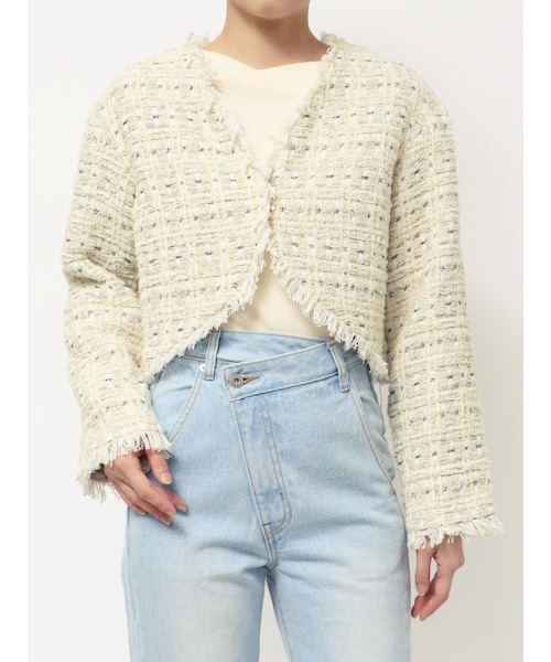 LAGUNAMOON（ラグナムーン）の「テープヤーンツイードジャケット（ノーカラージャケット・レディース・アイボリー/ブラック・F）」の2枚目の写真