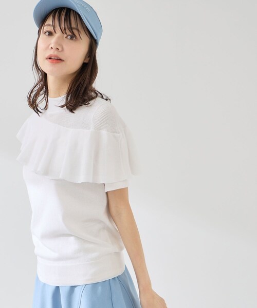 ROPE'(ロペ)の「フリル使い半袖プルオーバー(ニット/セーター・レディース・ブラック/ホワイト/サックス・L/M/S/XL)」の2枚目の写真