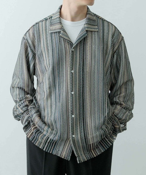 ITEMS URBANRESEARCH（アイテムズ アーバンリサーチ）の「マルチストライプレースオープンカラーシャツ（シャツ/ブラウス・メンズ・BLK/BLU/GRN/ORG・M/L）」の3枚目の写真