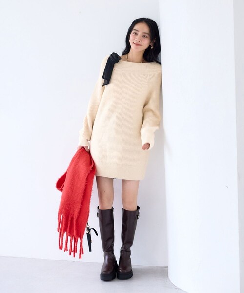VIS(ビス)の「肩リボンミニ丈ニットワンピース/2WAY(ワンピース・レディース・グレー/キナリ/ブルー系・F)」の8枚目の写真