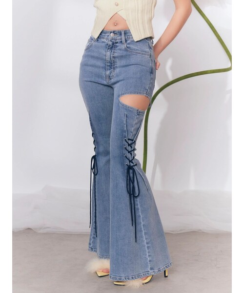 EATME（イートミー）の「サイドレースアップカットアウトデニムパンツ（デニムパンツ・レディース・アイスブルー/ミックス・S/M）」の2枚目の写真