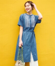 nissen | 大きいサイズインド綿100％刺しゅうワンピース（共布リボン付）(ワンピース)