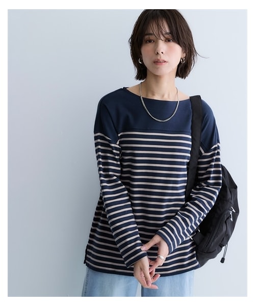 nissen（ニッセン）の「綿１００％スムースパネル風ボーダーカットソートップス＜大きいサイズ有＞（Tシャツ/カットソー・レディース・オフホワイト×ペールブルー/オフホワイト×ベージュ/ライトグレー×オフホワイト/オフホワイト×ネイビー/ネイビー×モカ/オフホワイト×ミルキーピンク/オフホワイト×ミルキーグリーン/マスタード×オフホワイト・S/M/L/LL/3L/4L/5L/6L/8L/10L）」の6枚目の写真